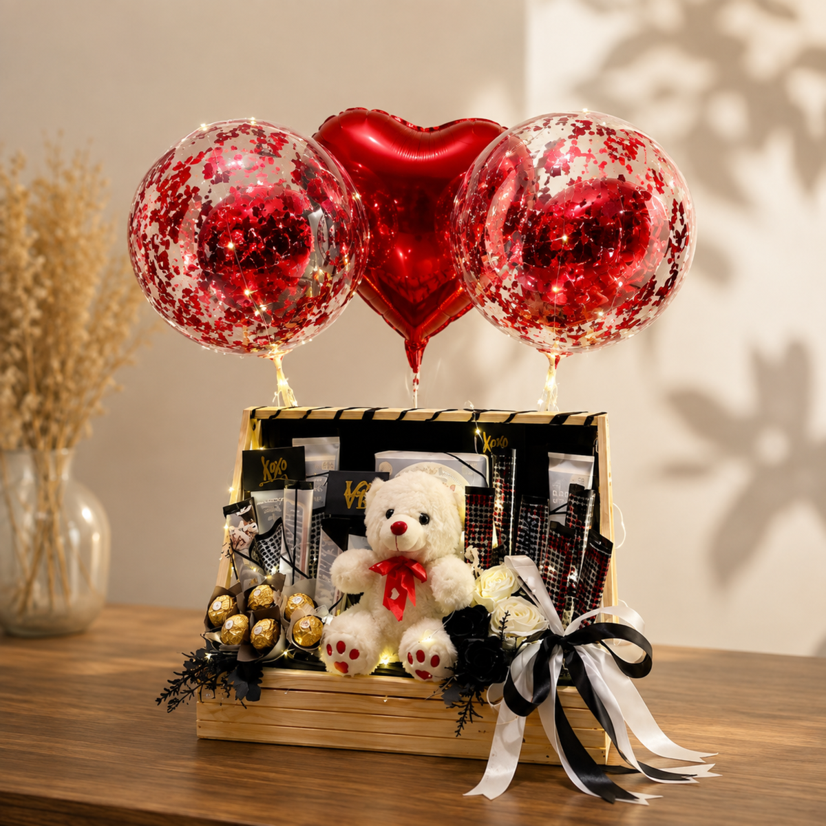 Romantic Chocolate Gift Basket with Teddy & Heart Balloons