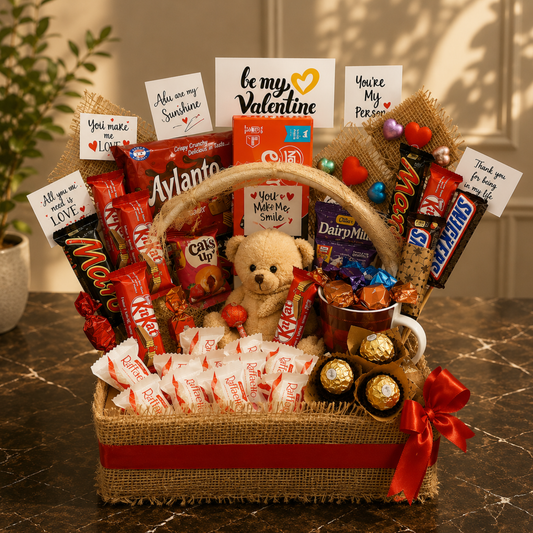 Valentine's Chocolate & Teddy Bear Gift Basket | Luxury